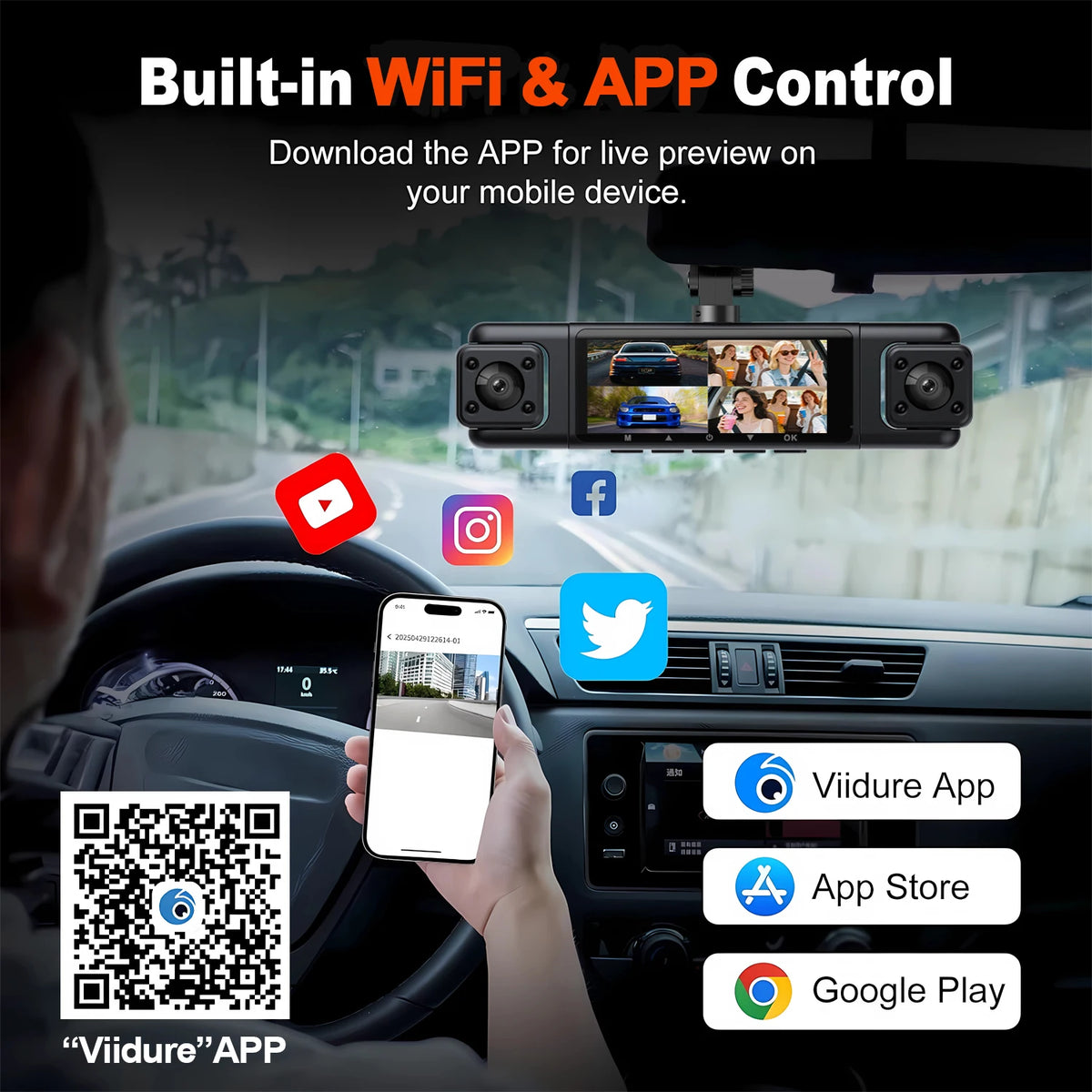 Eine Hand hält ein Smartphone, das eine Live-Vorschau aus einer eingebauten WLAN-Dashcam auf einem Armaturenbrett zeigt.