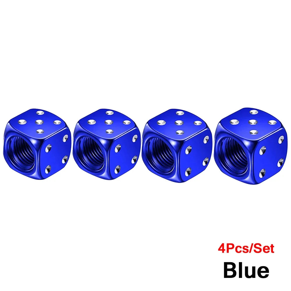 Set of four blue aluminum dice valve caps for tires