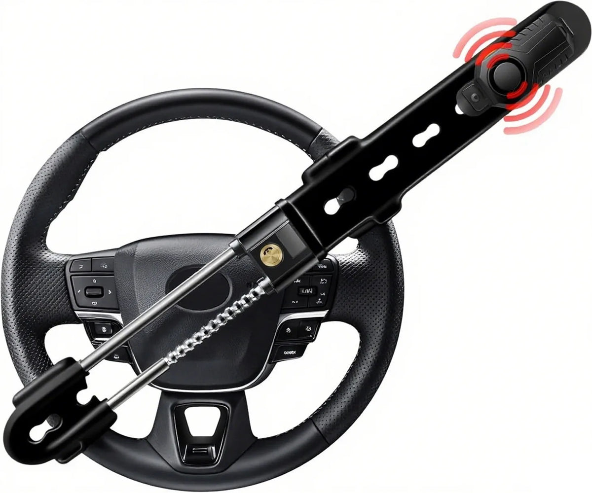 Black heavy duty steering wheel anti-theft lock with alarm installed in a vehicle interior.