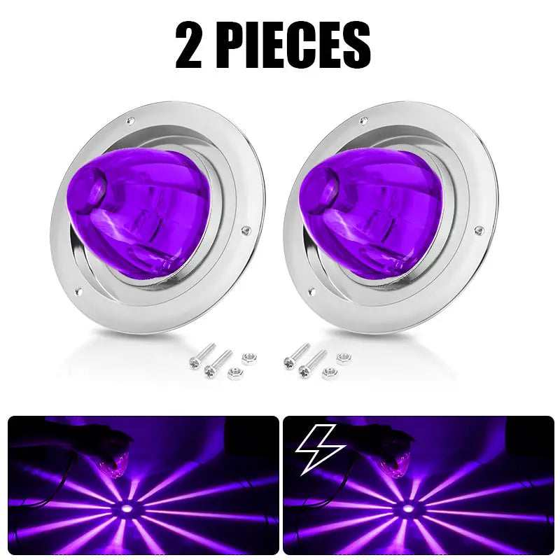 Two pieces of heavy duty LED marker strobe lights with purple illumination and wiring.