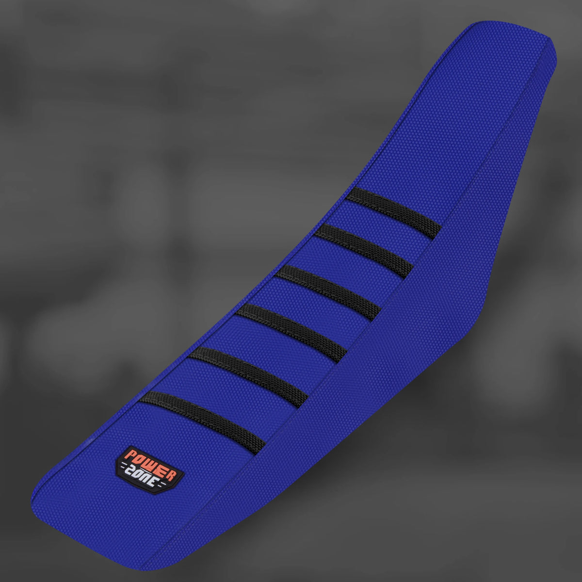 A dark blue universal motorcycle seat cover with black horizontal stripes.