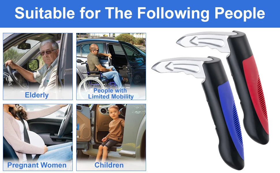 A 3-in-1 car door assist handle tool shown next to images of elderly people, pregnant women, and children.