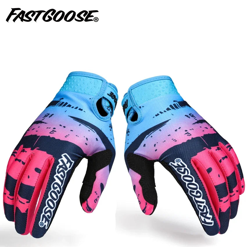 Une paire de gants de moto FastGoose rose et bleu sur fond blanc.