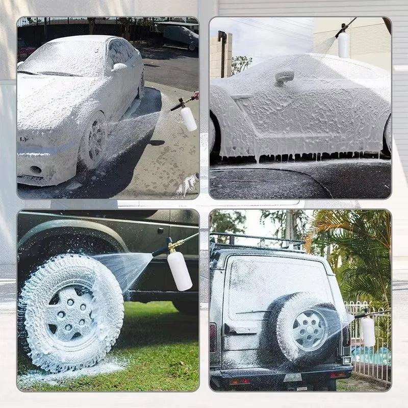 Three images showing a heavy duty foam pressure washer kit cleaning a car and a truck.