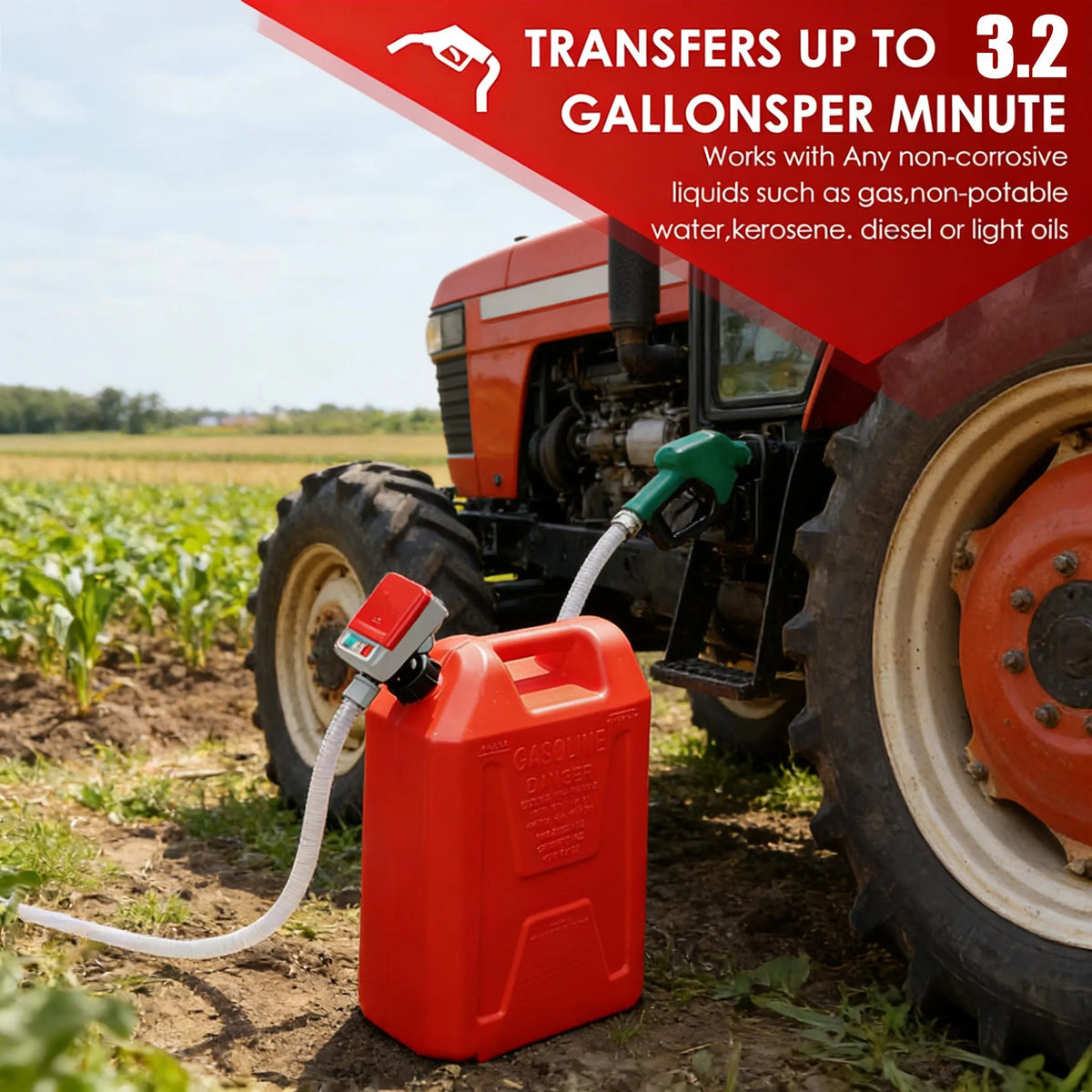 An orange portable fuel transfer pump is shown being used to transfer liquid from a tractor to a tank in a field.