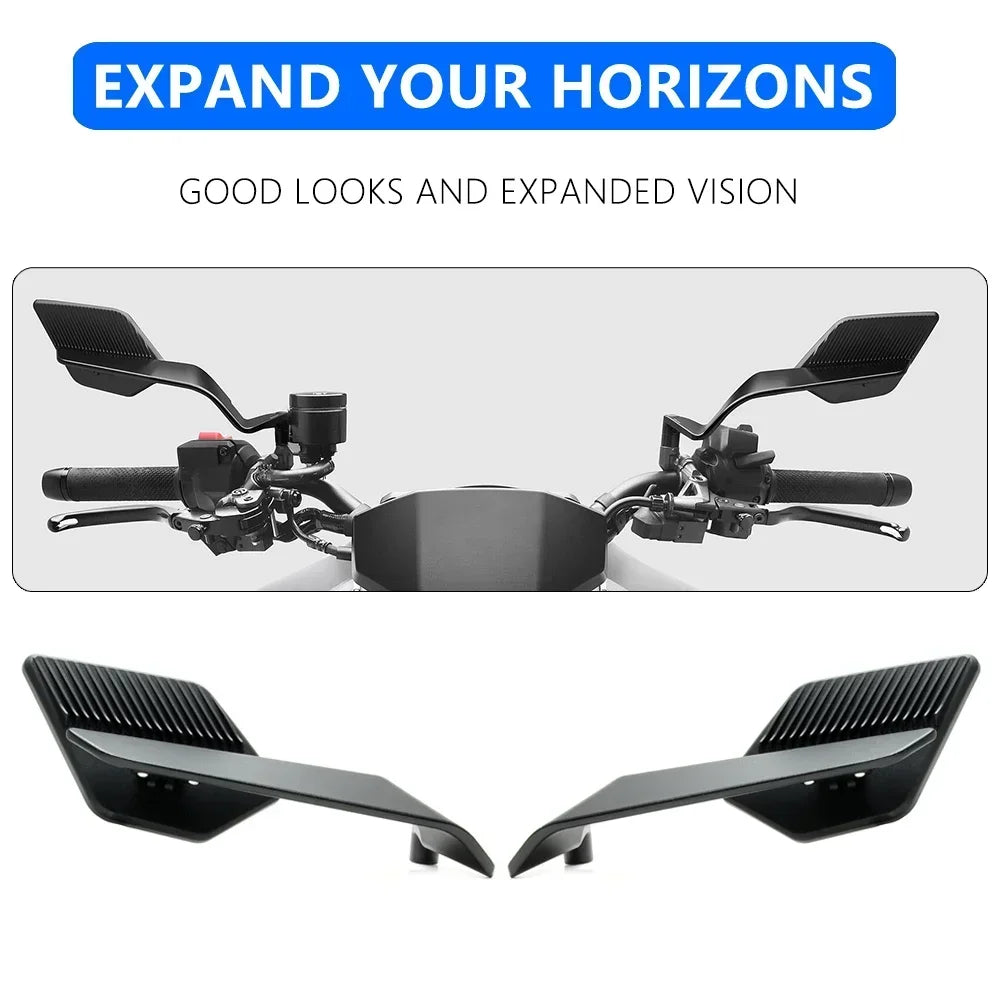 A pair of black adjustable motorcycle side mirrors shown in different angles.