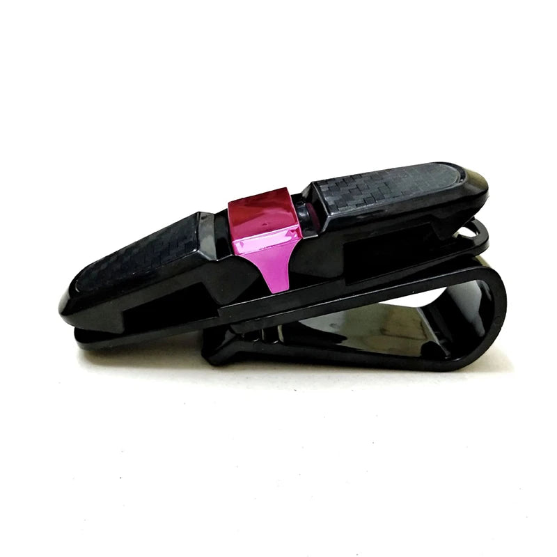 Black universal car glasses holder clip with a pink accent for sunglasses and eyeglasses