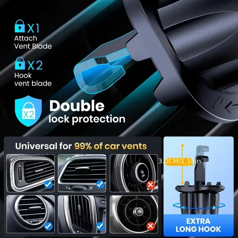 A close-up of a double lock protection mount for car vents, showing various vent types and an extra long hook.