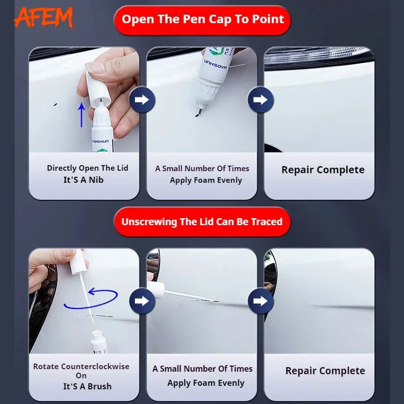 Demonstration of using a paint touch-up pen kit to repair scratches on car paint.