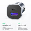 A silver and black dual-port USB-C fast car charger with PD and QC 3.0 ports.
