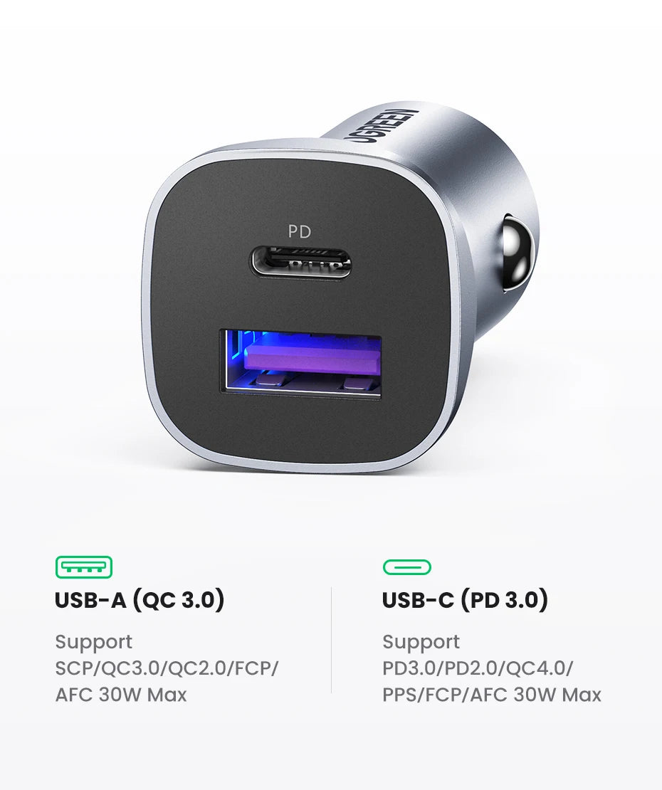 A silver and black dual-port USB-C fast car charger with PD and QC 3.0 ports.