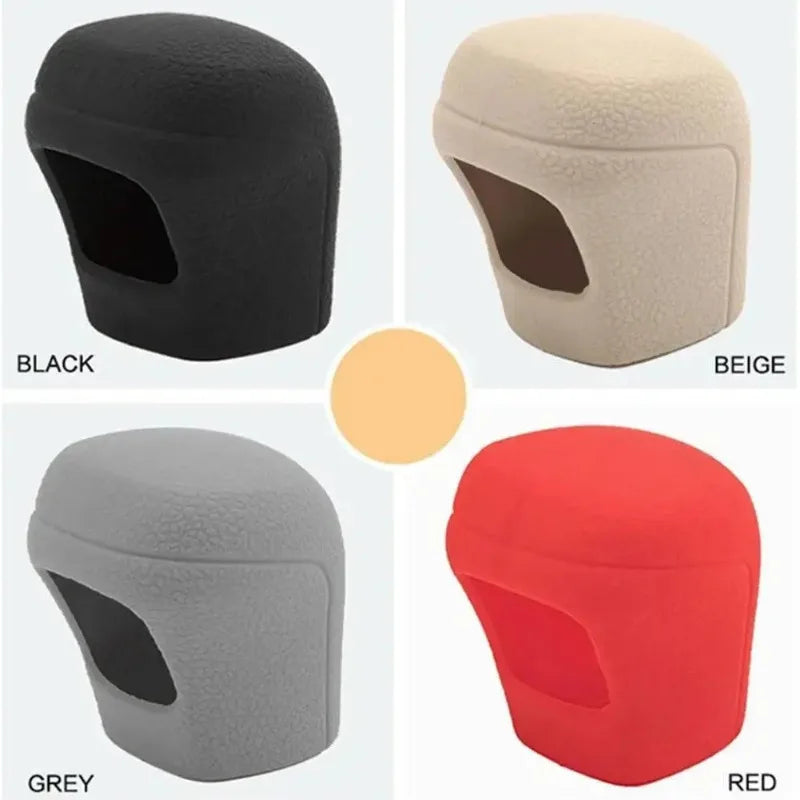A set of universal car gear shift knob covers in black, beige, grey, and red.