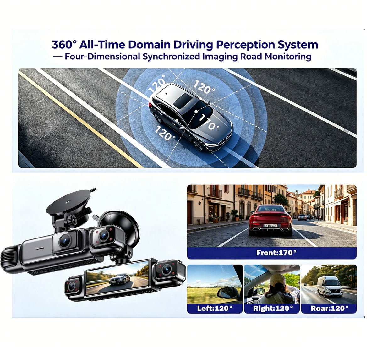 Système de dashcam multi-canal démontrant la perception à 360 degrés et la surveillance de la route.