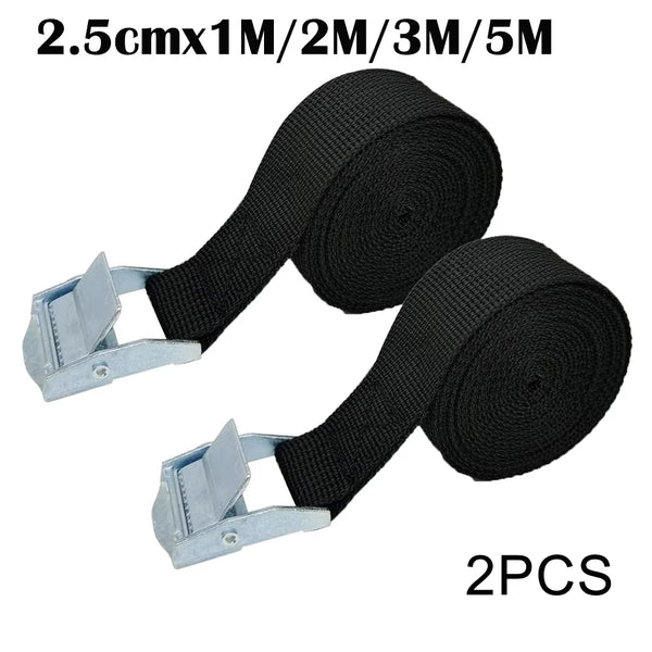 Two black heavy-duty cam buckle tie-down straps with silver alloy buckles.