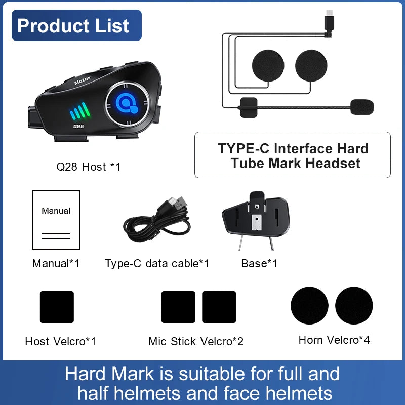 Product list showing a Q28 Host headset, manual, Type-C data cable, and various Velcro straps for a motorcycle helmet.