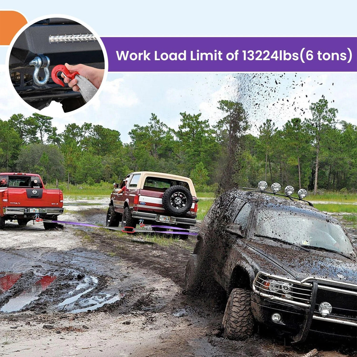 Heavy duty lifting slings with hooks demonstrating a work load limit of 13224 lbs.