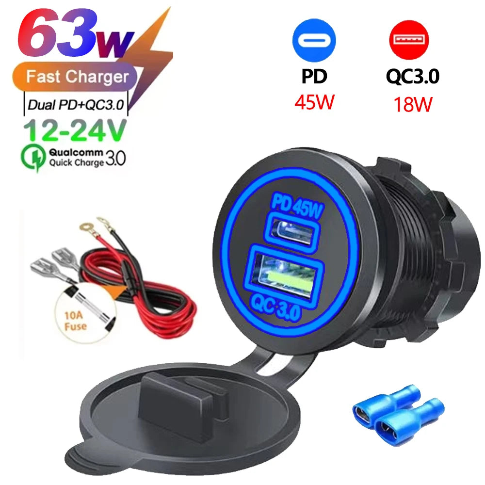 A black car charger adapter with PD and QC 3.0 ports, showing the power specifications and cables.