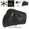 Black all-season motorcycle cover with reflective strips and storage bag included