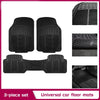 A 3-piece set of black heavy-duty rubber car floor mats shown in various views.