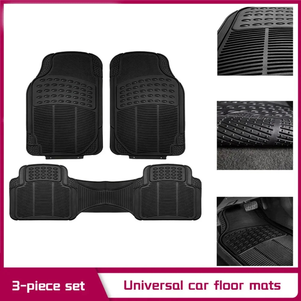 A 3-piece set of black heavy-duty rubber car floor mats shown in various views.