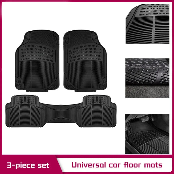 A 3-piece set of black heavy-duty rubber car floor mats shown in various views.