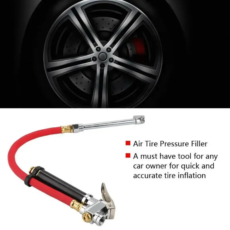 Handheld tire pressure gauge with dual chuck inflator hose and red silicone tubing