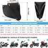 A chart showing dimensions for an all-season motorcycle cover including length, width, and height measurements.