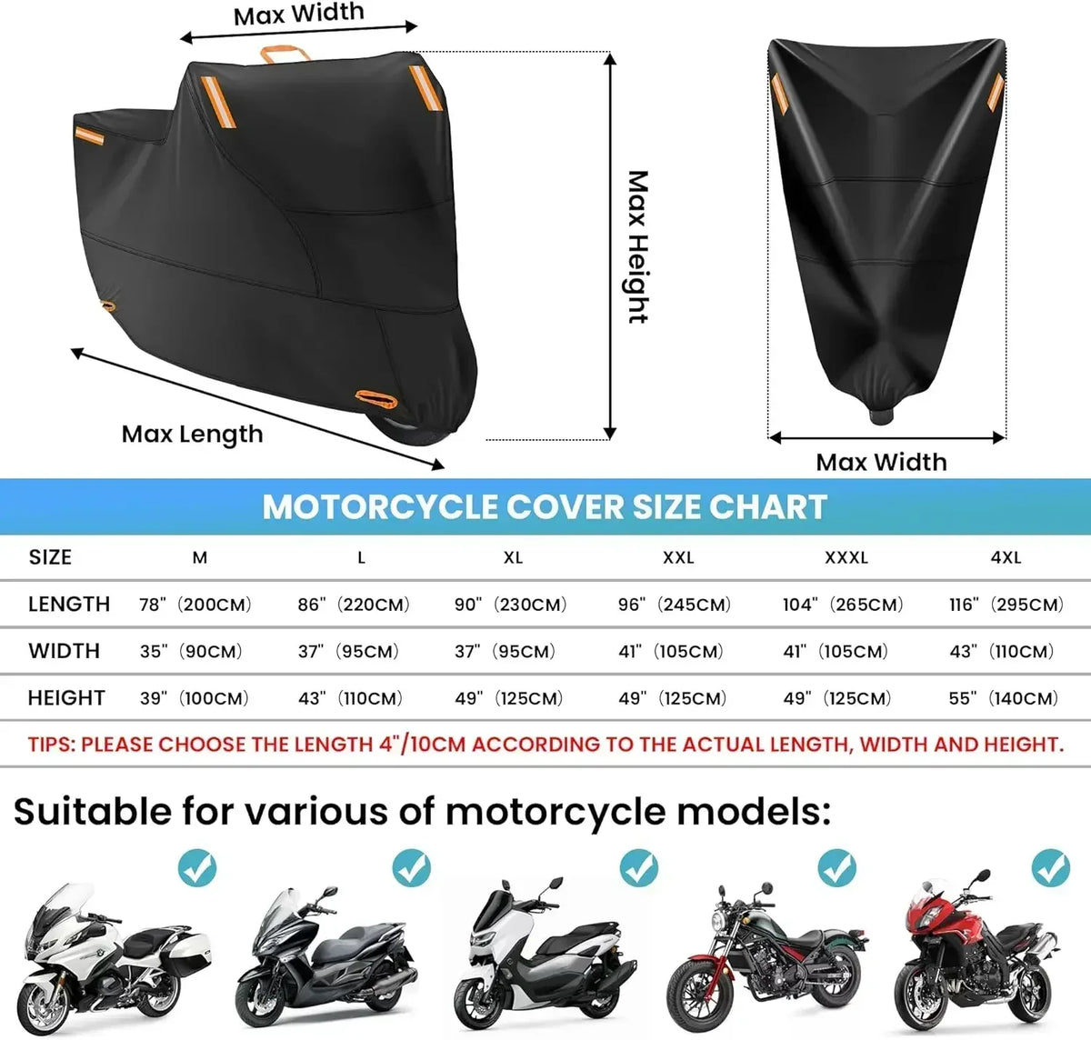A chart showing dimensions for an all-season motorcycle cover including length, width, and height measurements.