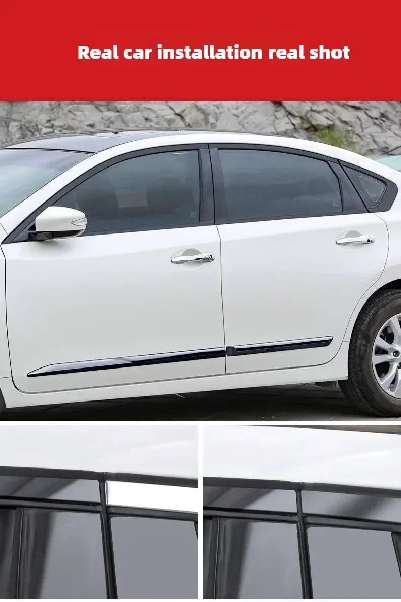 A close-up shot of a white car door showing glossy anti-scratch window trim decals.