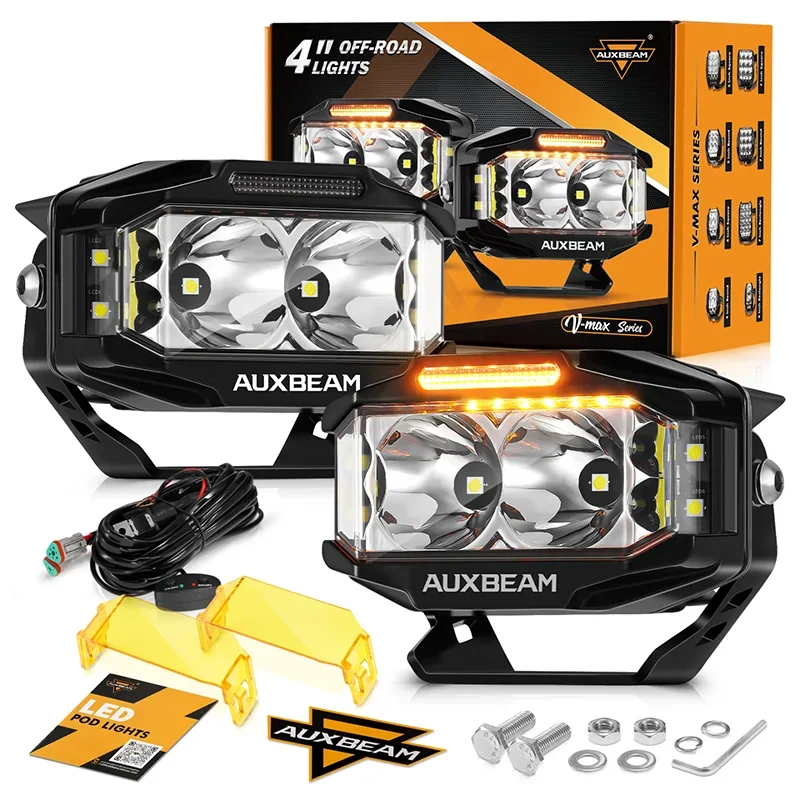 A set of AUXBEAM off-road driving lights, including a main light, an auxiliary light, and mounting hardware.