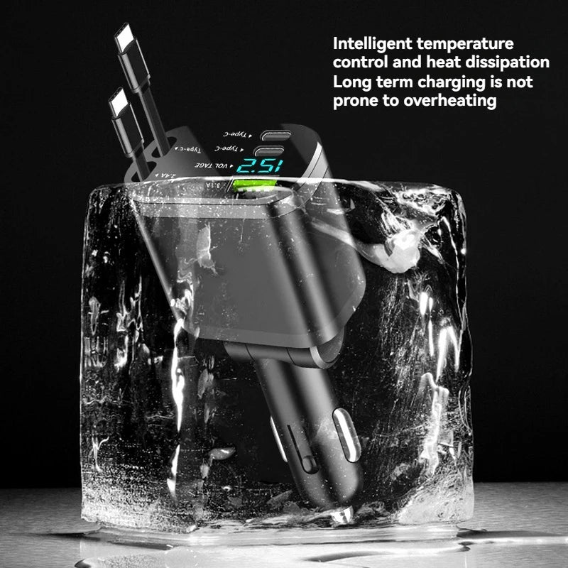 A universal car charger with a retractable cable is shown inside an ice block, demonstrating temperature control.