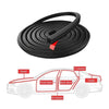 Black 3-layer automotive door and waist line weatherstripping coiled on a surface with labeled components.