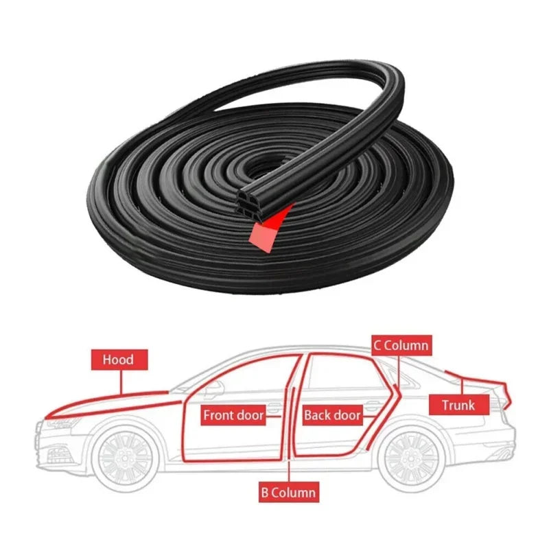Black 3-layer automotive door and waist line weatherstripping coiled on a surface with labeled components.