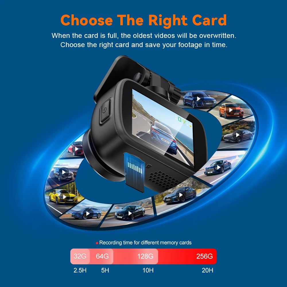 A black dash cam device is shown with various car footage displayed on its screen, emphasizing storage capacity options.