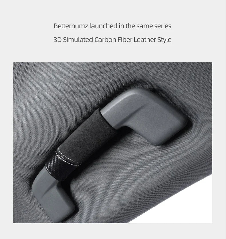 A close-up view of a gray car roof handle cover made of 3D simulated carbon fiber leather style material.