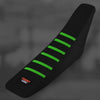 A black motorcycle seat cover with bright green stripes and a Power Zone logo.