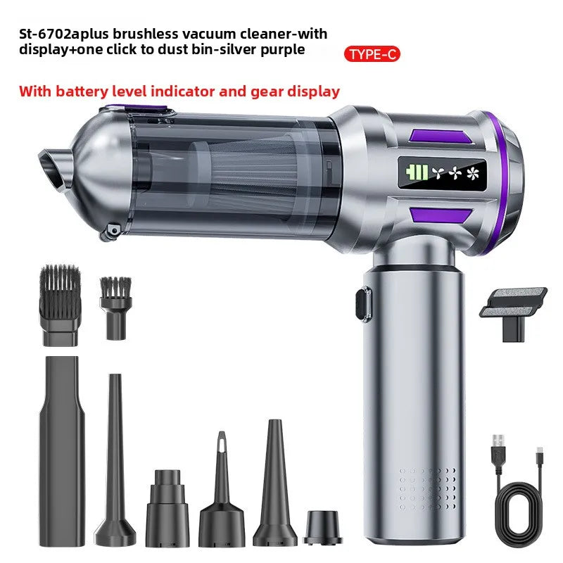A silver cordless handheld vacuum cleaner with various brush attachments and a display is shown.