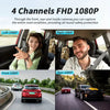 Four camera angles showing a car dash camera capturing the road condition from front, rear, and sides.