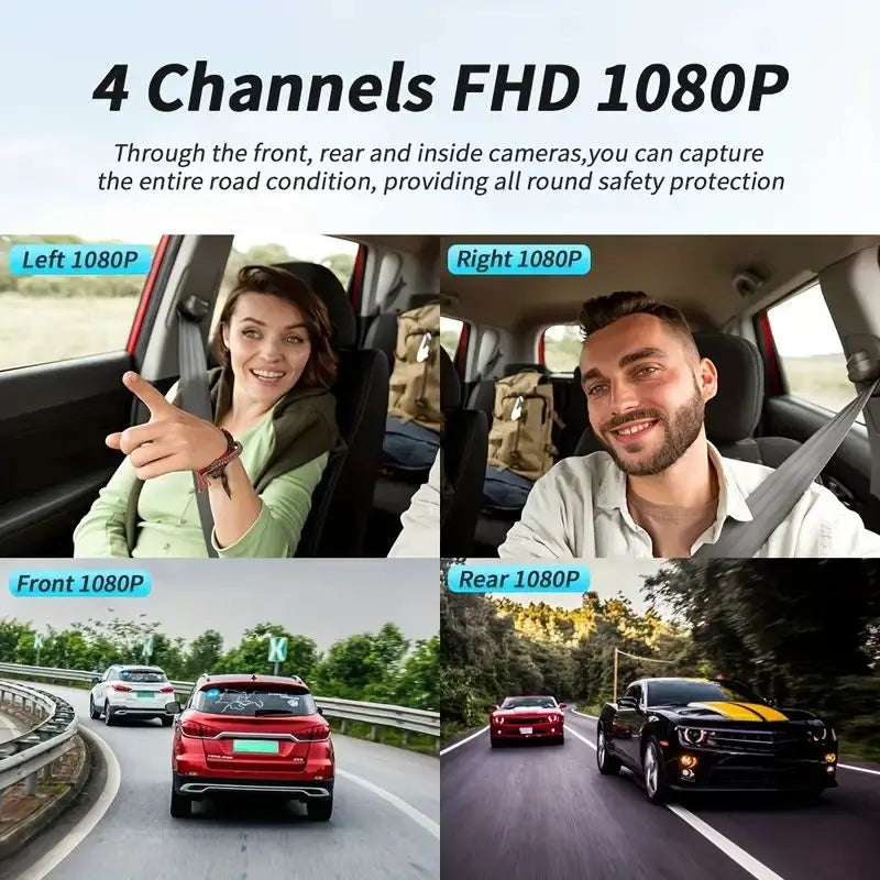 Four camera angles showing a car dash camera capturing the road condition from front, rear, and sides.