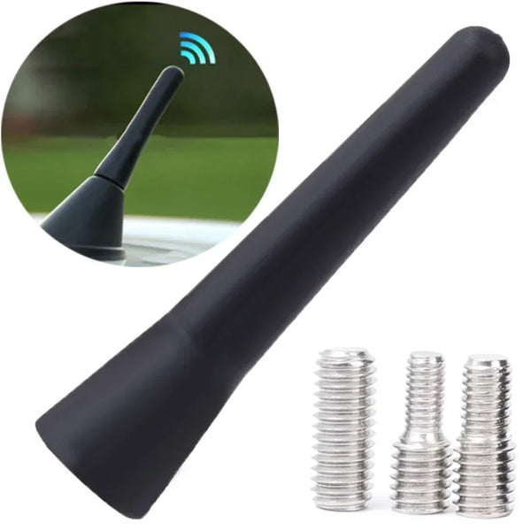 Black universal car roof antenna with mounting screws shown next to it.