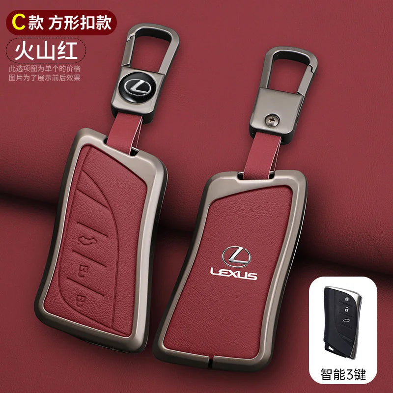A pair of maroon Lexus car key cover shells displayed against a dark red background with a smart device shown in the corner.