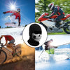Collage montrant une personne portant un balaclava couvrant tout le visage en train de faire du snowboard, conduire une moto 