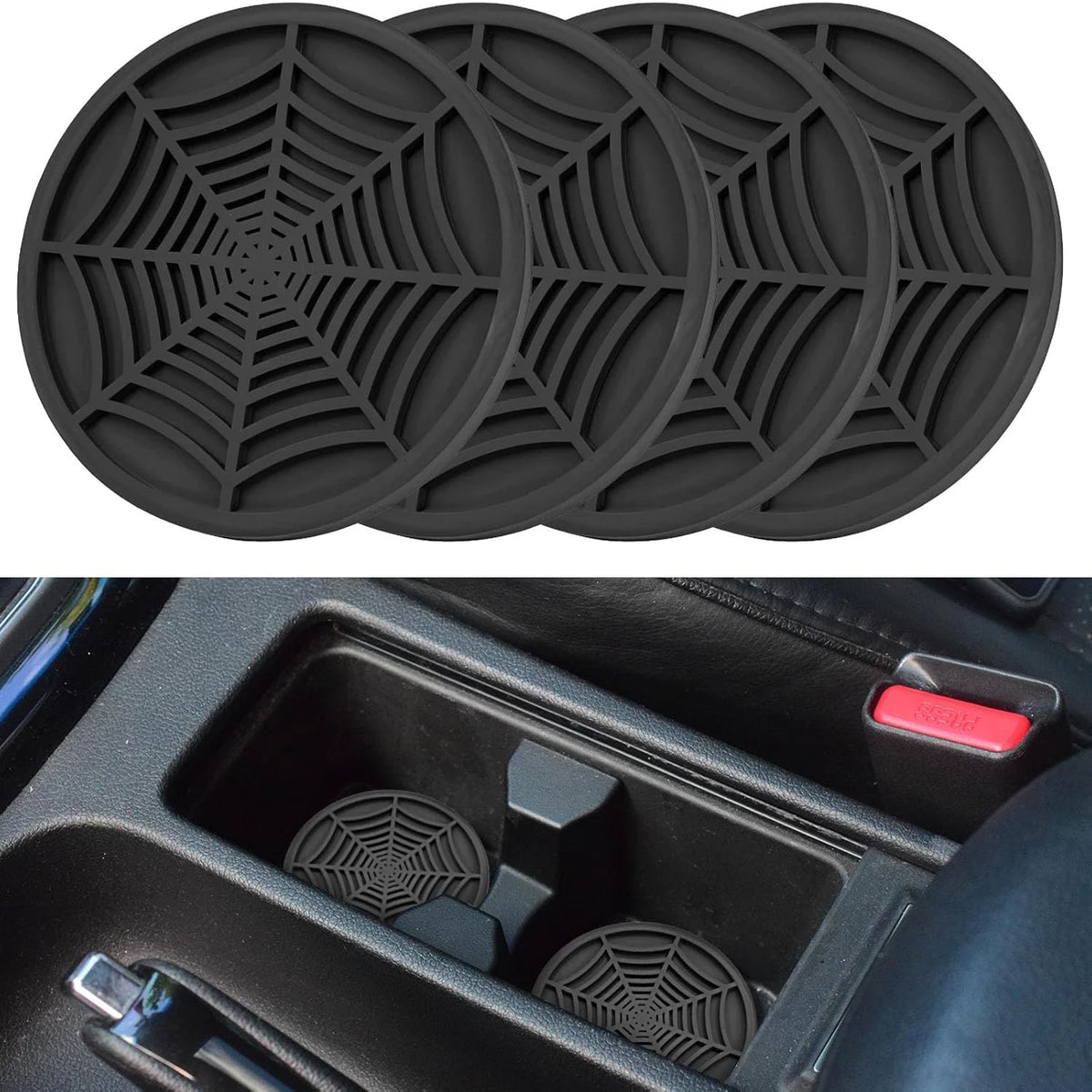 A set of black silicone spider web car coasters shown in a close-up view inside a car console.