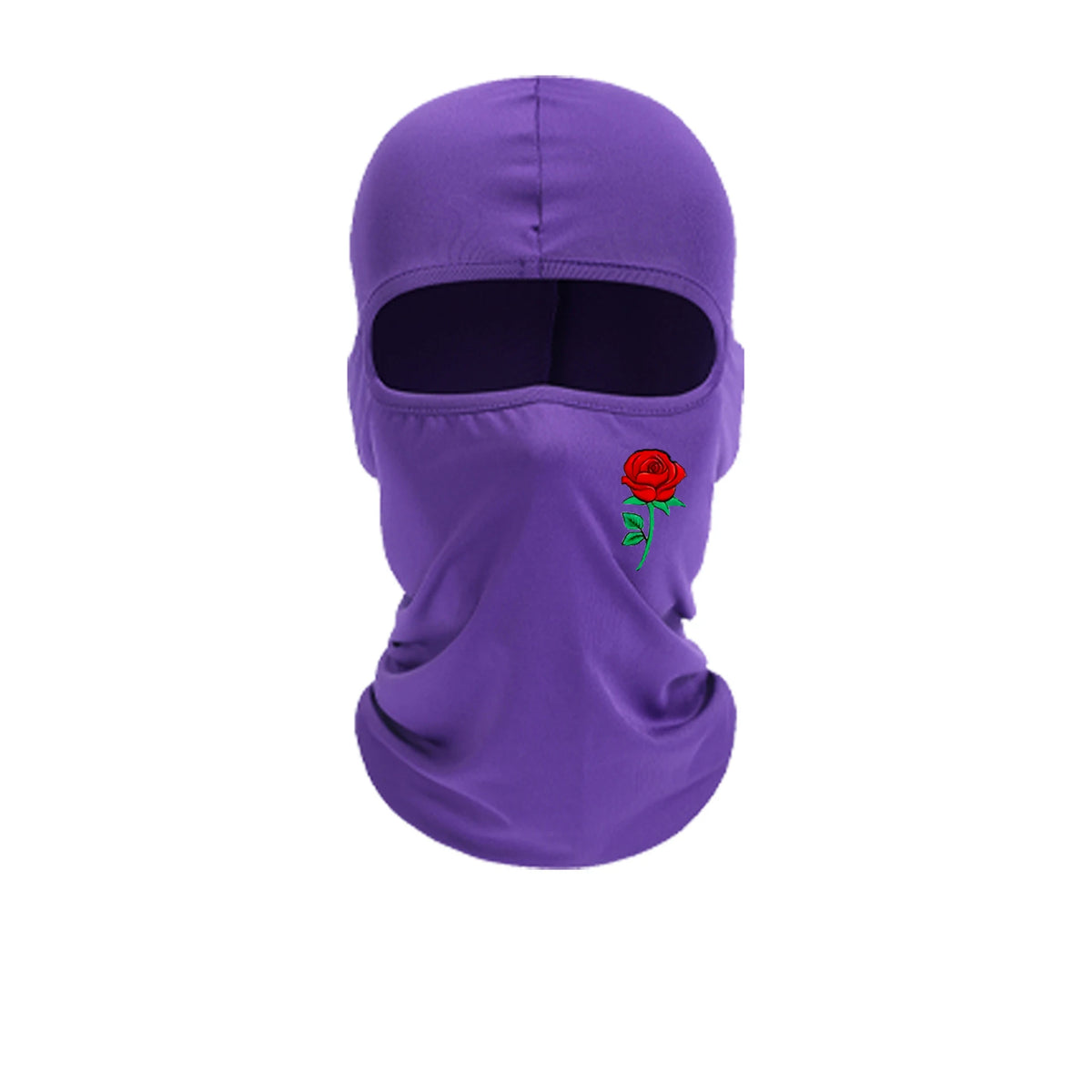 A purple balaclava hat with a red rose embroidery on the front.