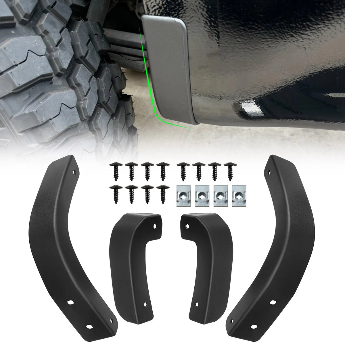 Set of black mud flaps for Chevrolet Silverado 1500 including mounting hardware and various flap shapes