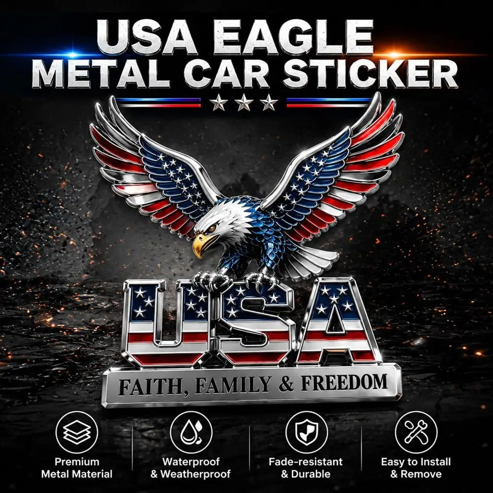 Pegatina de coche de metal USA Eagle con emblema de águila feroz y el texto Faith Family & Freedom