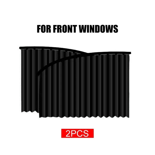 Two black magnetic car window sun shades for front windows.