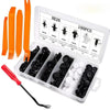 A plastic storage box containing various auto fastener clips and a tool for automotive trim work.