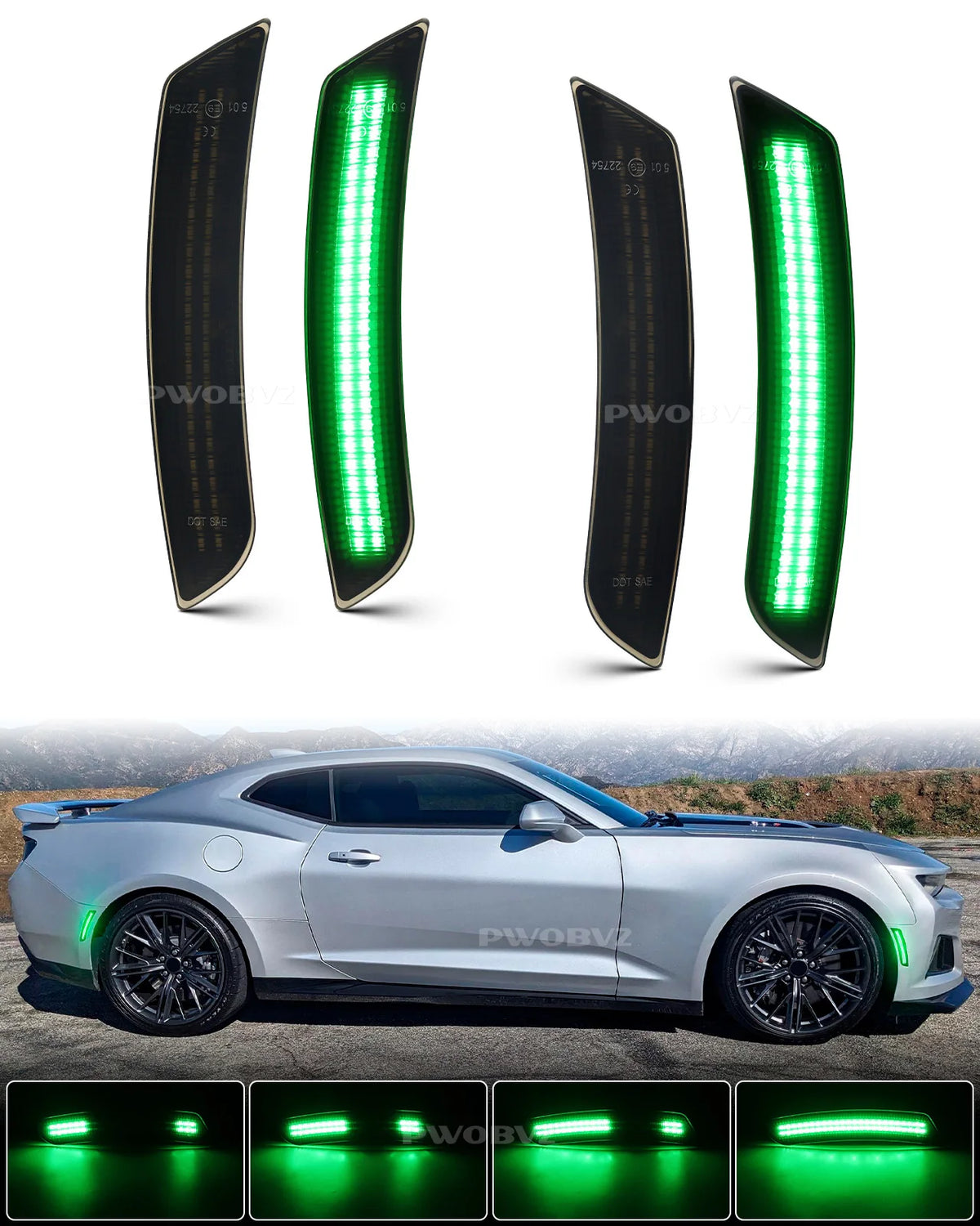 Close-up view of green LED turn signal lights for a car, showing various angles and installation examples.