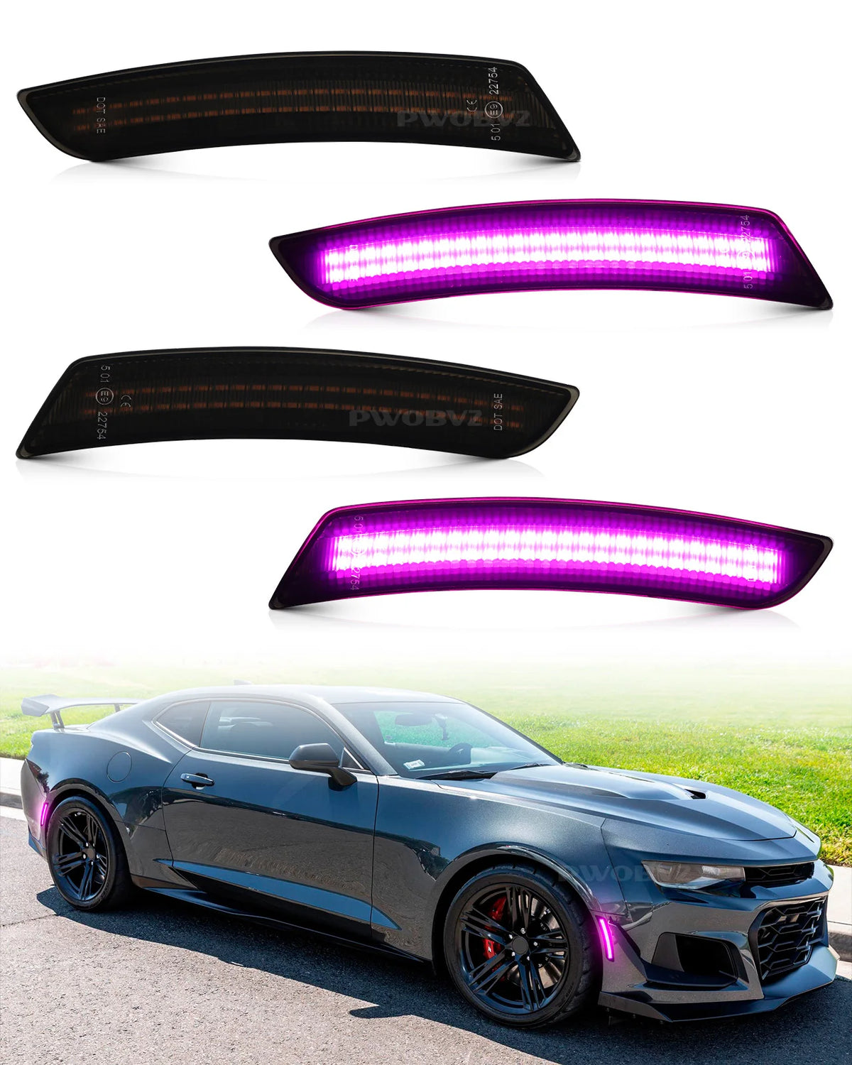 Purple LED turn signal lights for a car, shown in various forms and installed on a modern sports car.